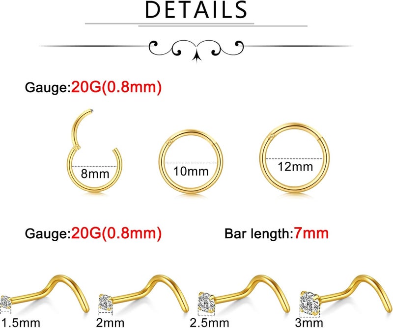 Incaton 20G Stainless Steel Nose Rings for Women Nose Rings Hoops L Shaped Nose Studs Screw Nose Piercing Jewelry for Women Men Silver Rose Gold Black Rainbow - Image 2